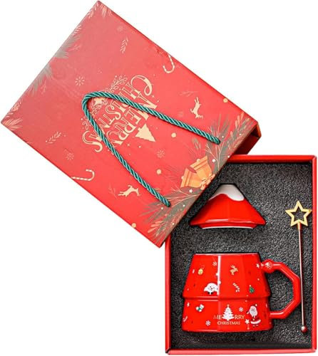Trusttread Tazza da caffè in ceramica, forma di albero di Natale creativo, con scatola regalo e Stirrer, adatta per casa, ufficio, scuola, come regalo di Natale, regalo di compleanno, ecc.