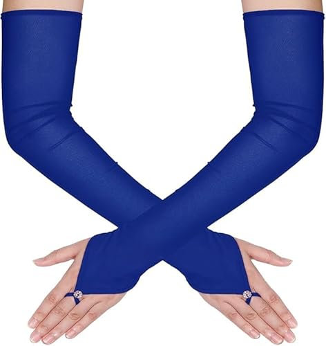 Theaque Women's Long Fingerless Sheer Gloves Tulle Mesh Gloves for Wedding Bridal Opera Party Halloween Costume (Royal Blue, One Size)