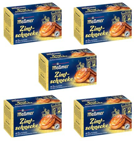 Meßmer Zimtschnecke | 5x Zimtschnecke Vorteilspaket | 90 Teebeutel | Früchtetee mit Zimt und Zimtschnecken-Aroma | Glutenfrei | Laktosefrei | Vegan