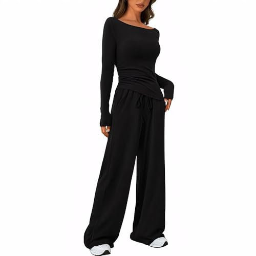 KOEMCY Zweiteiler Damen 2 Stück Lounge Jogginganzug Langärmeliges Oberteile und Weites Bein Hose mit Taschen Casual Outfit Fitness Sportkleidung Set (Schwarz/M)