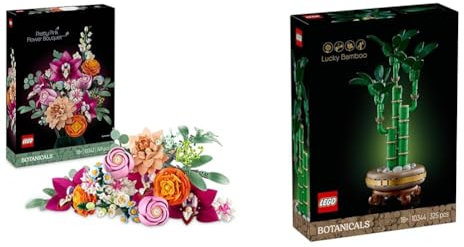 LEGO Botanicals Pretty Pink Flower Bouquet Set + Lucky Bamboo Artificial Plant Bundle Floral Home Decor Nature Gifts for Women Men Her or Him 10342 + 10344