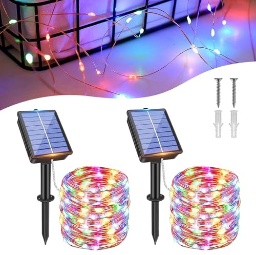 Meision Solar Lichterkette Aussen, 16M 160LEDs Kupferdraht Lichterkette Außen mit 8 Modi + IP65 Wetterfest, Solarlichterkette Weihnachtsbaum für Garten, Balkon, 2 Stück Bunt