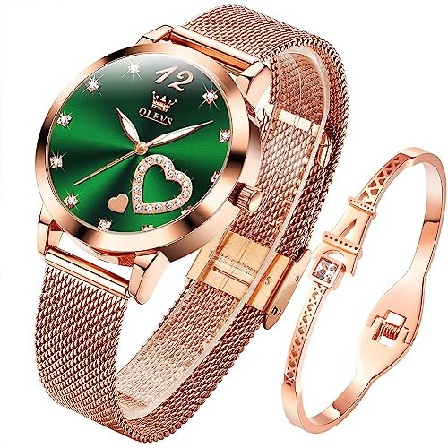 OLEVS Damenuhr Roségold mit Herz Diamant Grün Gesicht Armbanduhr wasserdicht Armreif Armband Set Armbanduhren für Damen
