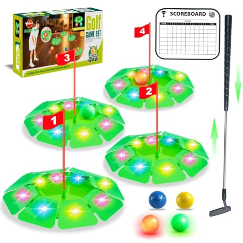 VATOS Light up Golf Putting Game Set - Glow Mini Golf Toy with 4 LED Holes, 4 Balls(2 Glow), Extendable Putter,Build Your Own Course at Home Indoor Outdoor Family Fun Golf Gifts for Kids Adults Golfer