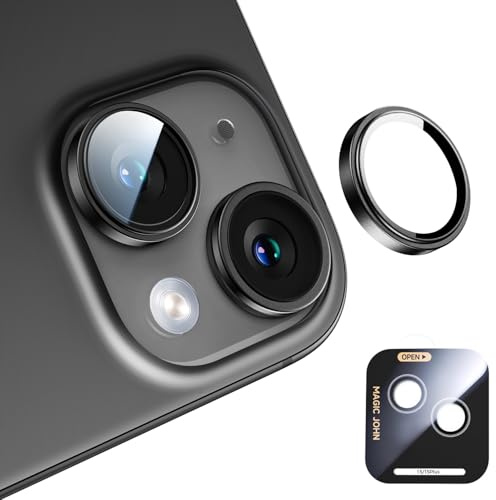 MAGIC JOHN 2 Stück für iPhone 15/ iPhone 15 Plus KameraSchutz, 9H Härte, hohe Transparenz, hohe Definition, Anti-Kratzer, individuelle Kamera-Schutzmaßnahmen mit Installationskit (Schwarz), New
