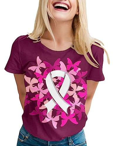 Octobre Rose Tee Shirt Femme Cancer du Sein Ruban Rose de Sensibilisation T-Shirt Grande Taille S-6XL Pins Octobre Cadeau Tee Shirt Blanc Haut