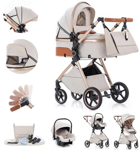 Gcarebb 3 in 1 Prams Travel System, Pushchair with Height Adjustable Handle, Travel Pram with Rain Cover, Baby Stroller with Aluminum Frame for Newborn