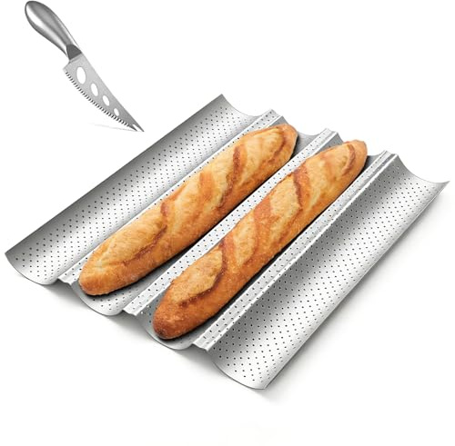 MOPUBZO Moule à baguettes, 38 x 33 cm, pour 4 baguettes, avec revêtement antiadhésif, en acier au carbone, moule à baguettes, moule à pain, accessoires de cuisson