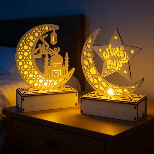 2 Stück Ramadan Dekoation Laterne, Holz Ramadan Deko Eid Mubarak Dekoration Wohnzimmer Hohle Mond-Figur Ornament für Muslim Heim Dekoration Party Zubehör