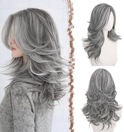 FESHFEN Grau Layered Perücken mit Vorhang Pony, 50 cm Lange Mittelscheitel Lockige Perücke für Frauen Synthetische Hitzebeständig Haar Wig täglich Party Cosplay tragen