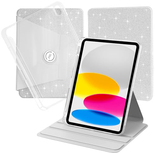 Funda Brillo Giratoria para iPad (A16) 11.ª/10.ª Generación (2025/2022) con Soporte para Pencil, Carcasa Soporte Rotación de 360 Grados Case Respaldo Clara, 7-Brillante Plata