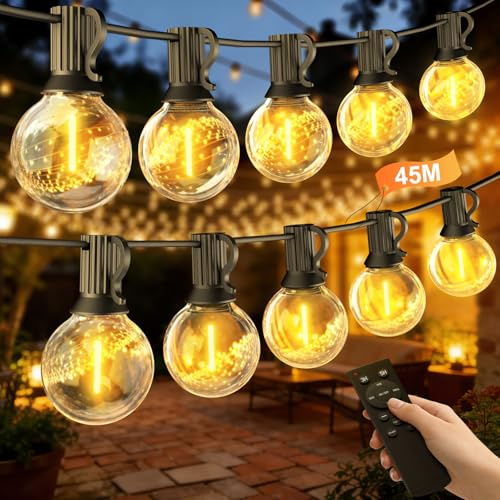 BokiHuk Catena Luminosa da Esterno, 45M Dimmerabile LED Catena di Luci per Esterno con Telecomando, Luci per Gazebo con 25+1 G40 Lampadine per Giardino, Terrazze, Campeggio, Balcone, Giardini