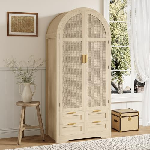 LinoraFurn Moderner Kleiderschrank mit gebogenen Türen,Großzügiger Stauraum,Mit Kleiderstange und Schubladen,Luxuriöser Kleiderschrank,Geeignet für Schlafzimmer und Eingangsbereiche (Eichenholzfarbe)