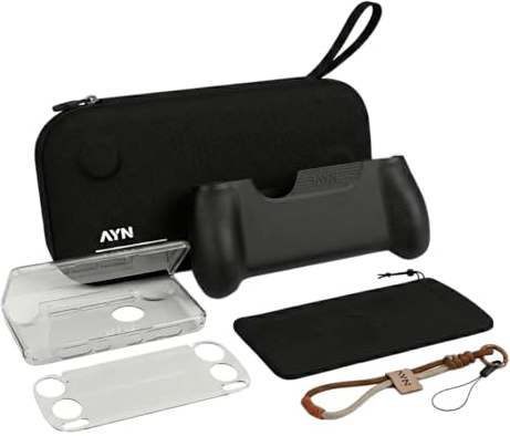 AYN Thor Zubehörpaket – 5-in-1-Komplettpaket für ultimativen Schutz: Hartschalen-Tragetasche, ergonomischer TPU-Griff in Schwarz, 9H-Displayschutz aus gehärtetem Glas, weiche Tasche und Trageband