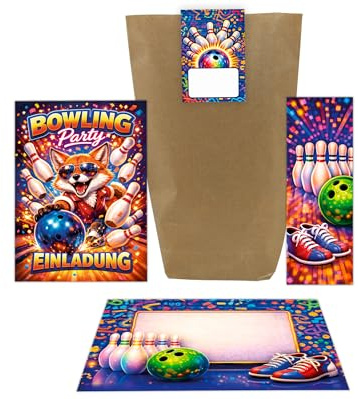 6 Einladungskarten Kindergeburtstag Bowling Mädchen Junge Kinder Einladungen Fuchs Geburtstag Bowlingparty Geburtstagseinladungen inkl. 6 Umschläge, 6 Geschenktüten, 6 Aufkleber, 6 Lesezeichen