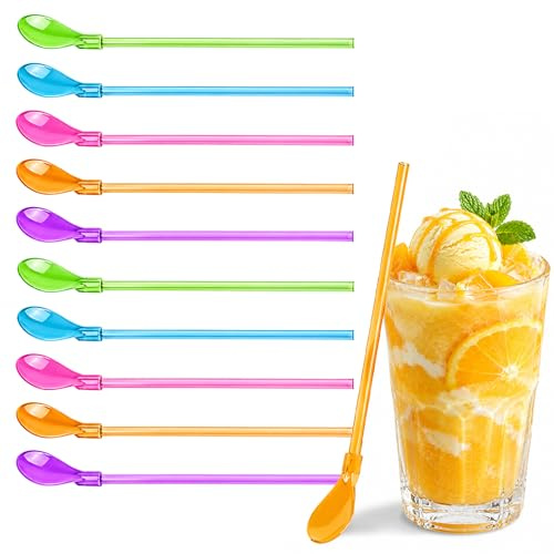 10 Pezzi Cannucce con Cucchiaio, RosyFate Cannucce Riutilizzabili, Cannucce Plastica Con Cucchiaio Piccolo, 2 in1 Cucchiaio di Paglia, per Slush, Cocktail, Yogurt