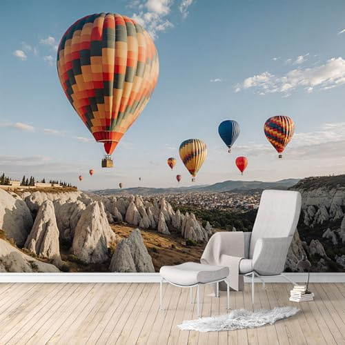 Custom Size Wall Murals, Hot Air Balloon & Fairy Chimney Landscape, Removable Self Adhesive Large Wallpaper Mural for Living Room Bedroom Office Home Decor
