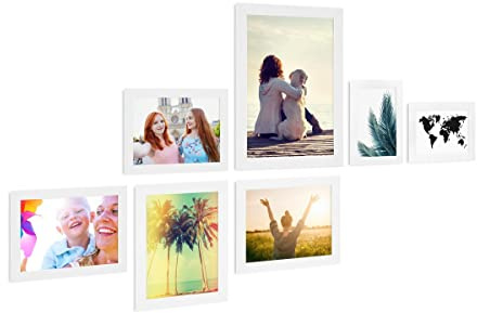 PHOTOLINI Bilderrahmen Set Weiß, Fotorahmen Holz MDF, 7er Bilderrahmenset Wand Collage, photo frames for wall mit Acrylglas aufhängen, weiße Bilderrahmen Set verschiedene Größen mit Zubehör