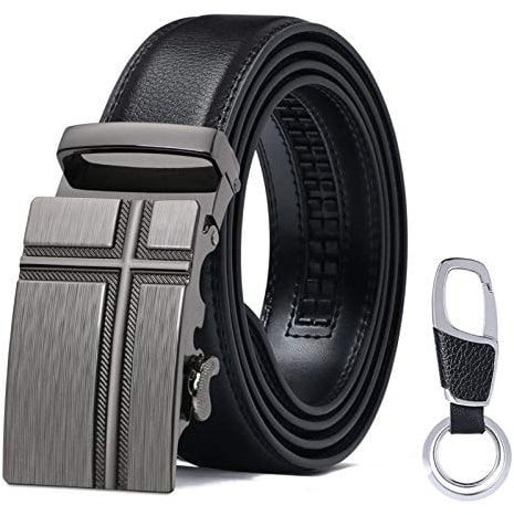 flintronic Herren Gürtel,Hochwertiges Leder material Ratsche Automatik Gürtel für Männer Ledergürtel Breite 3.5cm Länge 128CM-Schwarz (inkl Schlüsselbund & Geschenkbox)