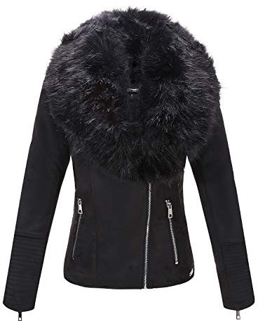 BELLIVERA Damen-Motorrad-Kurzmantel aus Wildlederimitat Sherpa Gefütterte Oberbekleidung mit Abnehmbarem Pelzkragen SS805 Schwarz XXL