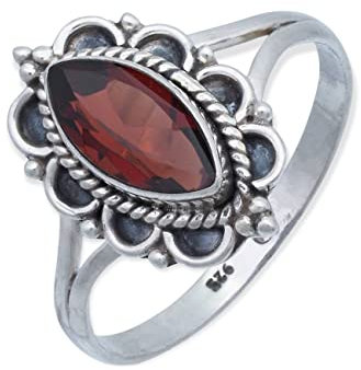 mantraroma Silber Ring Damen 925 Granat facettiert Edelstein rot ausgefallen verspielt