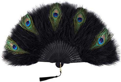BABEYOND Damen Fächer Marabou Feder 1920s Vintage Stil Retro Handfächer Damen Gatsby Kostüm Flapper Zubehör (Schwarzer Griff - Schwarz Pfau Feder)
