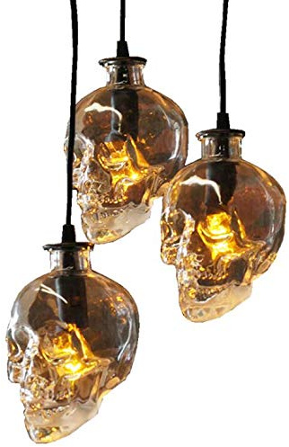 GUANCY 3-Kopf-Scheibe E14 Totenkopf Lampe Loft Vintage Bar Restaurant Halloween Schädel Kronleuchter Schädel Kopf Glas Kronleuchter,B