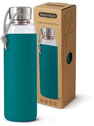 Black+Blum Glass Leak-Proof, Lightweight Travel Water Bottle with Protective Sleeve, Stainless Steel, Nylon, Polypropylene and Silicone, Ocean, 600 ml
