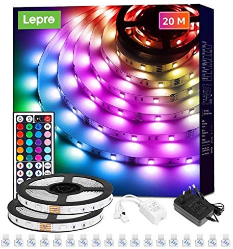 LEPRO LED Strip 20M(2x10M) RGB Set, 5050 SMD 600 LEDs Streifen, 12V, LED Band Selbstklebend, Flexibel LED Lichtband, LED Lichterkette IP20, LED Leiste Kette Dimmbar, Netzteil und Controller enthalten