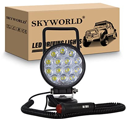 SKYWORLD feux de travail aimanté 4 pouces 10cm 42W ronde phare de travail led avec base magnétique, inondation portable lampe 12v 24v pour offroad voiture camions suv 4x4 tracteur bateau