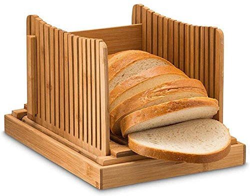 Bamboo Wood Bread Slicer for Homemade Bread Toast Cutting Board, Foladable & Compact Toast Cutting Board Guide with Crumb Catcher Tray, Adjustable Toast Slicer Sandwich Maker