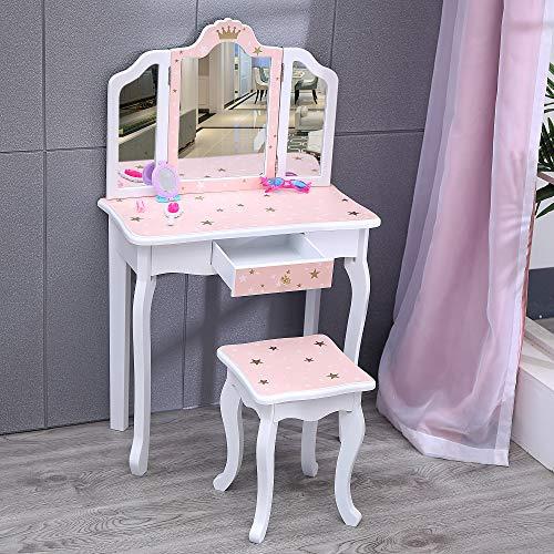 Nromant Kids Vanity Table and Chair Set, Girls Vanity Set with Stool, Tri-Folding Mirror, Dressing Table with Drawer for Little Girls (Pink)