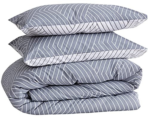 LERUUM Bettwäsche Set 135x200 Baumwolle Erwachsene Jungen Grau Weiß Wendebar Gestreift Motiv Bettbezug inkl Kissenbezug (135x200+ 80x80cm)