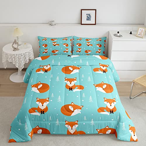 Loussiesd Kinder Steppbett Karikatur Fuchs Drucken Bettdecke 155x220cm Tier Thema Winter Sommer Bettdecke Ultraweiche Bequeme Mikrofaser Waldfuchs Muster für Frauen Männer Schlafzimmer