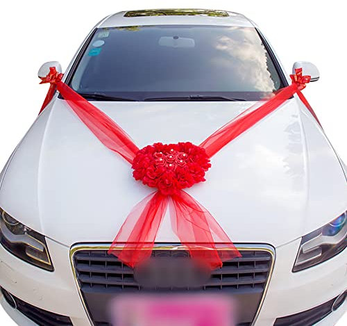 iSpchen Hochzeitsdeko Auto Wedding Deko Rosen Girlande Herz Auto Schmuck Hochzeit Deko Girlande Braut Paar Rose Dekoration Autoschmuck Hochzeits Deko Girlande,rot