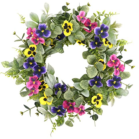 Artificial Spring Summer Wreath with Pansy Flowers,Flocked Lamb Ear Leaves,Eucalyptus Leaves,Fern Branches for Front Door Indoor Outdoor Farmhouse Wall Holiday Decor, White Gift Box Included