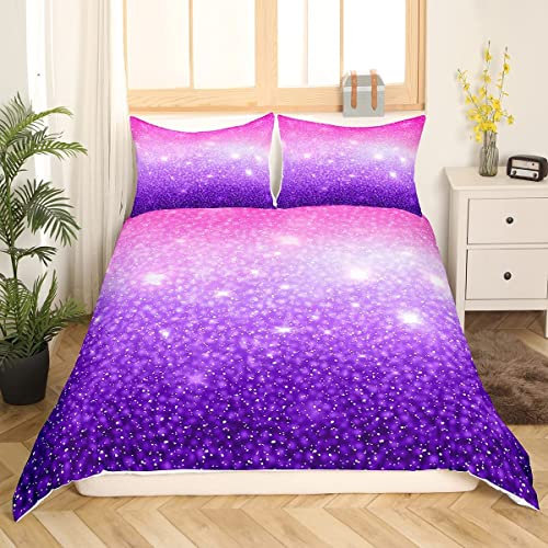 Homemissing Glitter Parure de Lit 140x200cm Sparkle Galaxiekle Starlight Gradient Design Housse de Couette Garçons Filles Rose Violet Parure Housse de Couette Bleu avec 1 taie d'oreiller 65x65cm