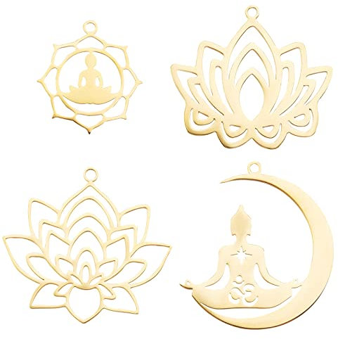 UNICRAFTALE 4 Stück 4 Stil Edelstahl Lotus Anhänger Sommer Lotus Anhänger Golden Moon Yoga Anhänger Flower Dangle Anhänger Ohrring Anhänger Für Die DIY Schmuckherstellung