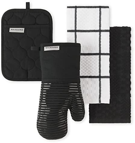 KitchenAid Gesteppter Ofenhandschuh, Topflappen, Küchentuch, 4-teiliges Set, hitzebeständig, Silikongriff, Geschenkset, Mattschwarz, 40,6 x 66 cm, 17,8 x 33 cm und 17,8 x 25,4 cm