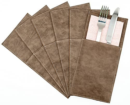 Bestecktaschen 6er Pack aus PU Leder | Besteckhalter mise en place für Besteck und Serviette abwaschbar Kunstleder Lederoptik vegan für Gastronomie und zu Hause „vintage“ Look (Erdbraun)