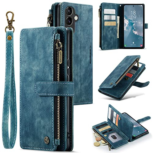 UEEBAI Hülle für Samsung Galaxy A54 5G, Premium PU Lederhülle, Blau | Retro Reißverschluss Hülle Weiche Klapphülle Magnetverschluss Kartenfach Standfunktion Geldbörse mit Trageband Schutzhülle