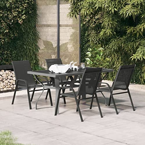 Tidyard 5-TLG. Garten Essgruppe, Terrassenmöbel Set 4 Personen, Sitzgruppe Metall Esstisch mit Glas-Tischplatte & Stühle, Gartenmöbel Set Grau und Schwarz