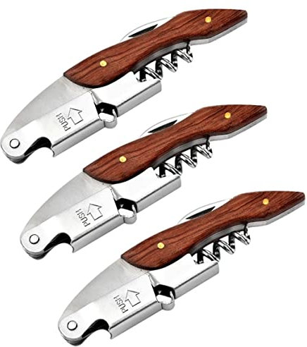 3 x Korkenzieher Wein aus Edelstahl | Kellnermesser | Wein Öffner mit Flaschenöffner & Folienschneider Sommeliermesser | Multifunktionaler Kellnerbesteck | Weinkorkenzieher | manueller Korkenheber