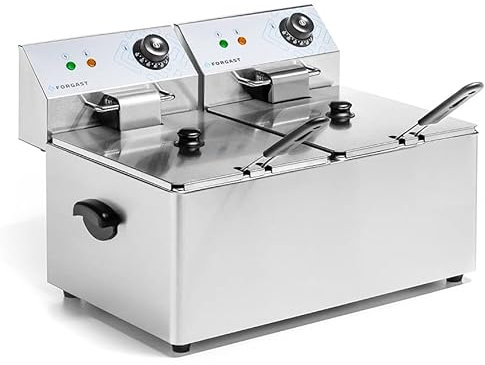 Forgast Friteuse Double | Friteuse de Table | Acier Inoxydable | Capacité 2x8 litres | Niveau de Chaleur réglable | Friteuse électrique combinée | 2 Paniers Inclus | pour Pubs, Bars, Restaurants