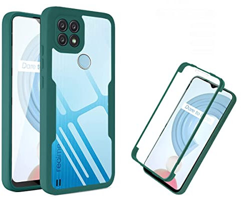 WBWONE Funda para Realme C21 con Protector de Pantalla Incorporado, Antigolpes Transparente PC Carcasa Bumper Silicona TPU Protección Case. Rojo