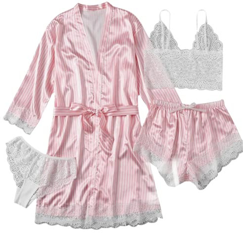AudMsier Pyjama en Satin Quatre Pièces pour Femmes, sous-Vêtements en Dentelle, Robe Courte avec Ceinture, Vêtements en Soie(Rayures Roses et Blanches XL)