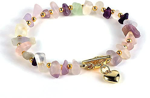 LCDIUDIU Armband Damen,8Mm Naturstein Fluorit Kristall Armband Boho 18K Vergoldet Herz Charm Chip Kies Perlenkette Yoga Energie Edelsteine Perlen Armreif Schmuck Für Frauen Männer Geschenk