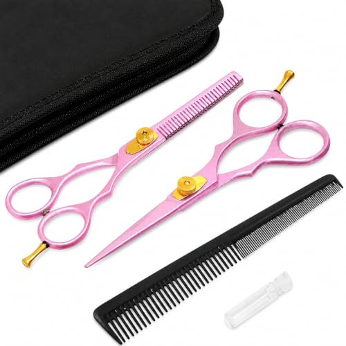 YNR Ensemble de ciseaux de coiffure professionnels (5,5 pouces) Ciseaux de coupe et ciseaux à effiler Peigne avec étui Rose - Parfait pour homme, femme, enfant et adulte