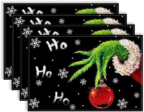 Linen Grinch Tischsets mit Aufschrift Merry Grinchmas, 4 Stück, für Winter, Neujahr, Weihnachtsdekorationen und Zubehör für Zuhause, Küche, Tisch, 30,5 x 45,7 cm