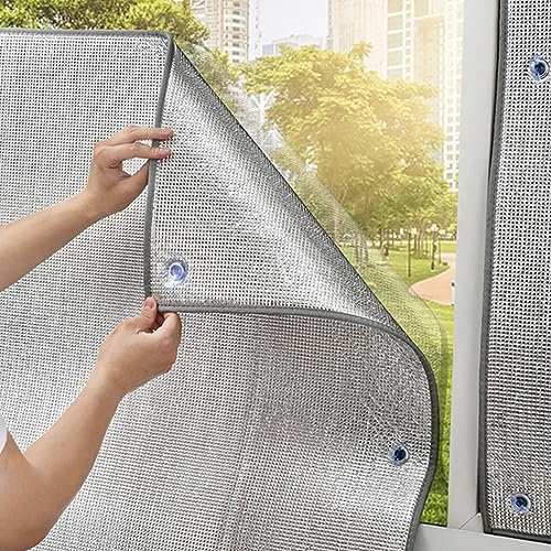 Geovne Thermo-Fensterfolie,Doppelter Aluminiumfolie Isolierfolie,UV-Schutz Sonnenschutzfolie,Fenster Scheibenfolie,Zwei-Wege-Sichtschutzfolie,für Zuhause Büro,mit Saugnapf (50x120cm/20 x47)